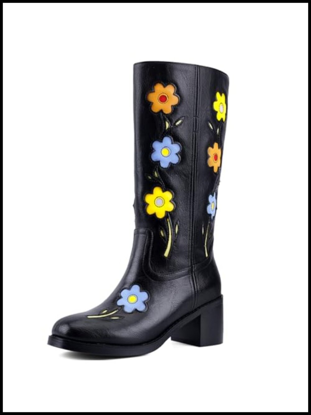 Women's Floral Embroidered Knee High Boots Chunky Heel Vegan Leather
